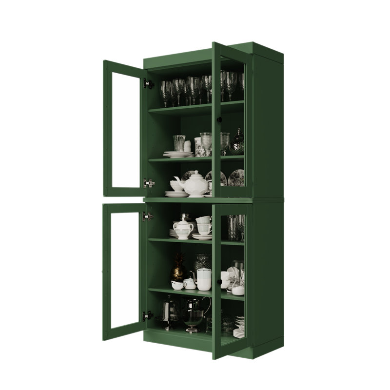 Garde-manger 32 po Kaniesha en bois massif avec portes en verre transparent et tablettes réglables, Vert