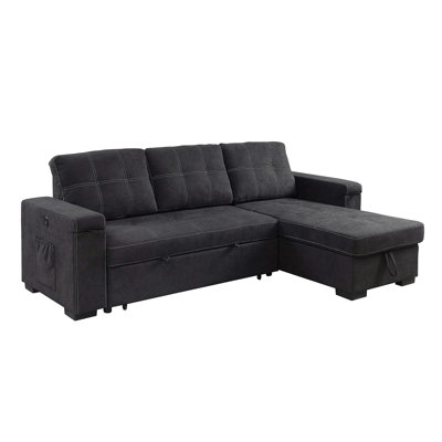 Toby 95" Black Woven Fabric Reversible Sleeper Sectional Sofa With Storage Chaise Cup Holder Charging Ports And Pockets