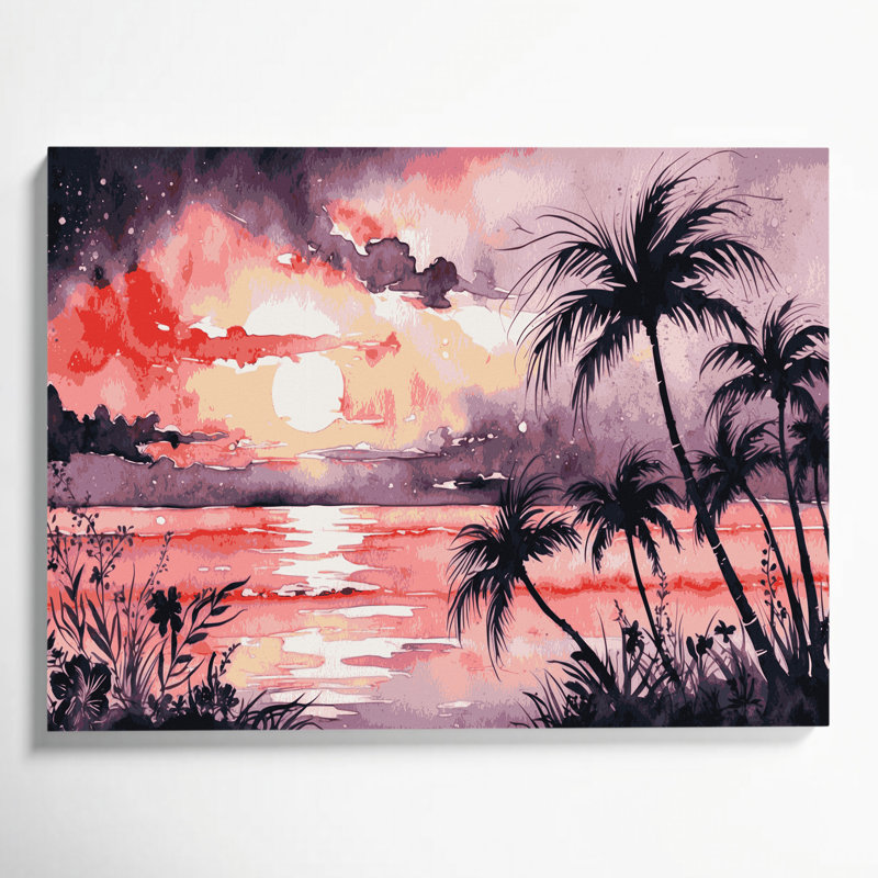 Coucher de soleil hawaïen, art mural sur toile rose, H 16 po x l 20 po