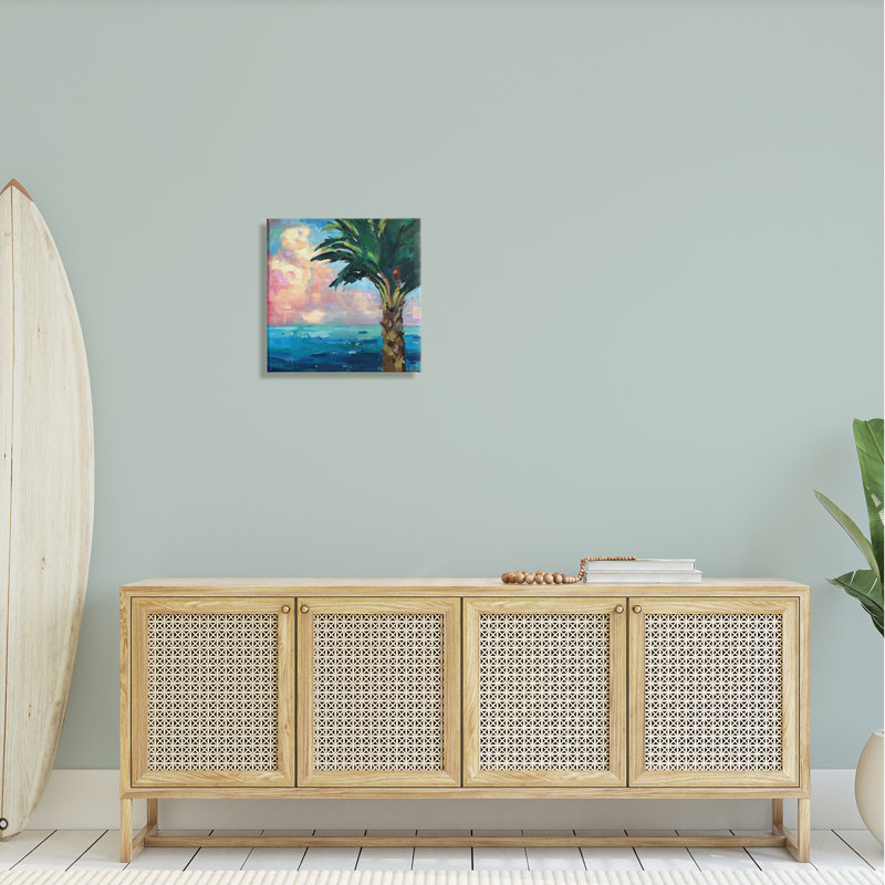«Bold Beach Horizon Palm Tree Pink Sunlit Clouds» par Page Pearson Railsback - peinture sur toile tendue
