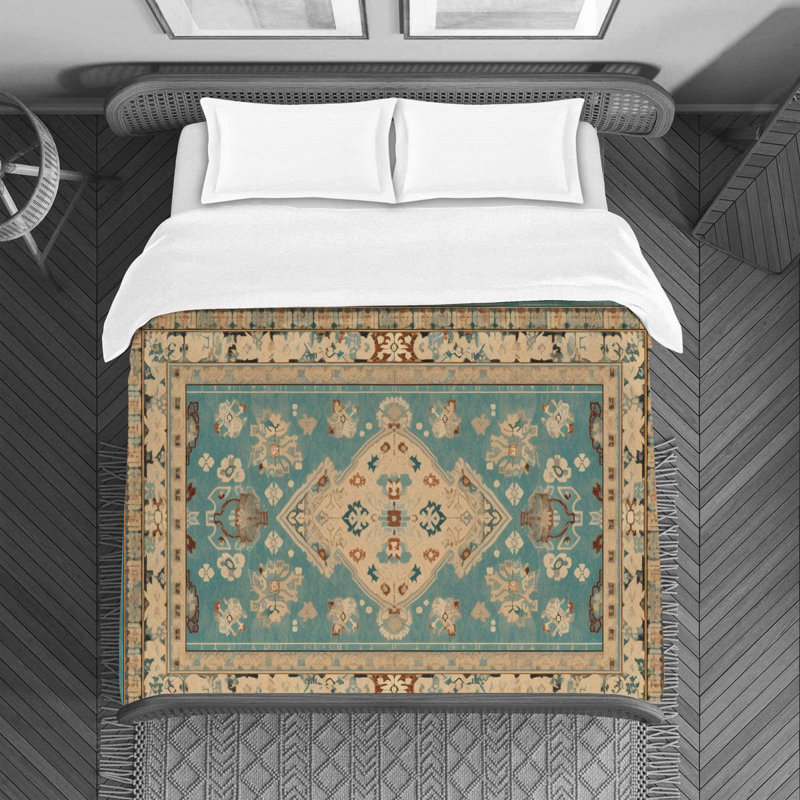 Machine Printed Duvet Cover, Green/Beige Oushak, Queen Duvet Cover
