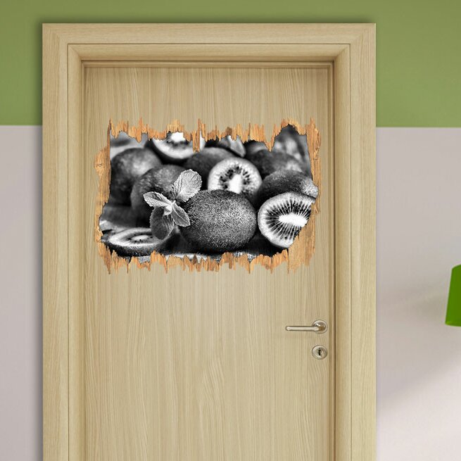 Wandtattoo Appetitliche Kiwis auf Holztisch in Monochrom