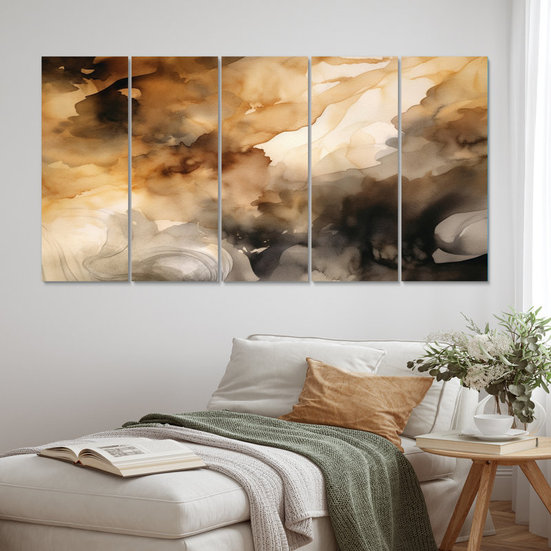 «Brown and Cream Abstract Fluidité», reproduction sur toile abstraite - 5 panneaux égaux