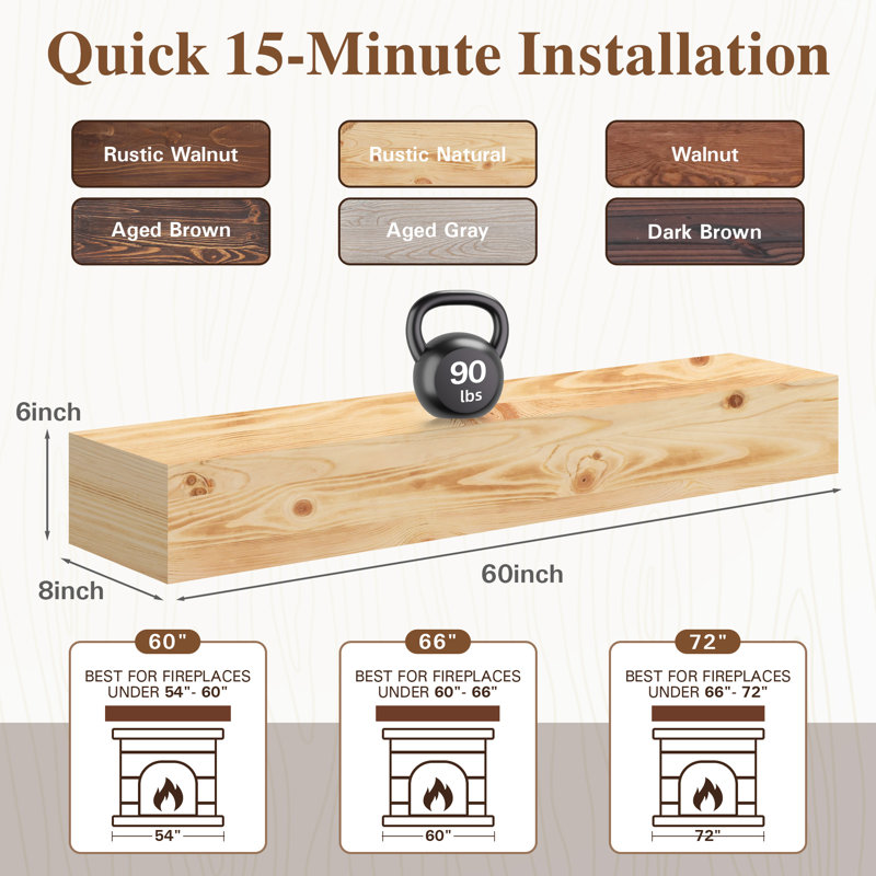 Solid Wood Fireplace Mantel Shelf, 60", Natural Wood
