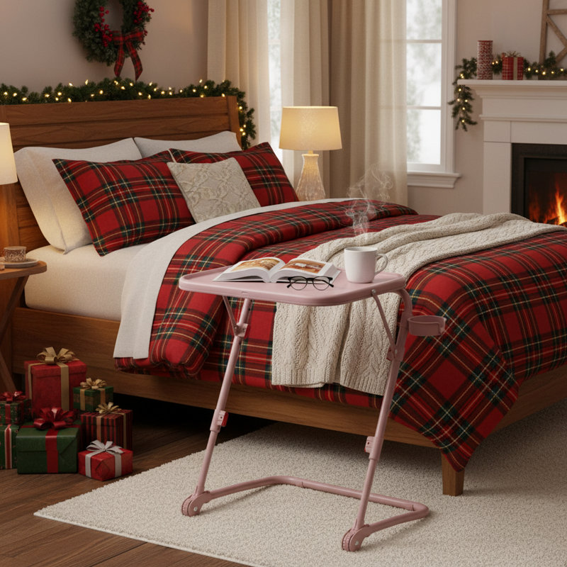 Table-plateau pliable ajustable avec porte-gobelet, 4 hauteurs et 3 angles Ebern Designs, Rose