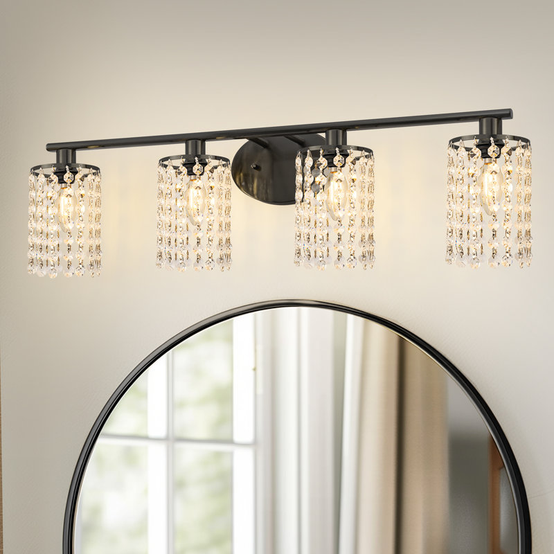 4-Light Crystal Curtain Vanity Light For Bathroom Bedroom, Matte Black