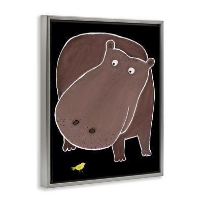 Hippopotame et oiseau sur cadre flottant noir, design par Carla Daly
