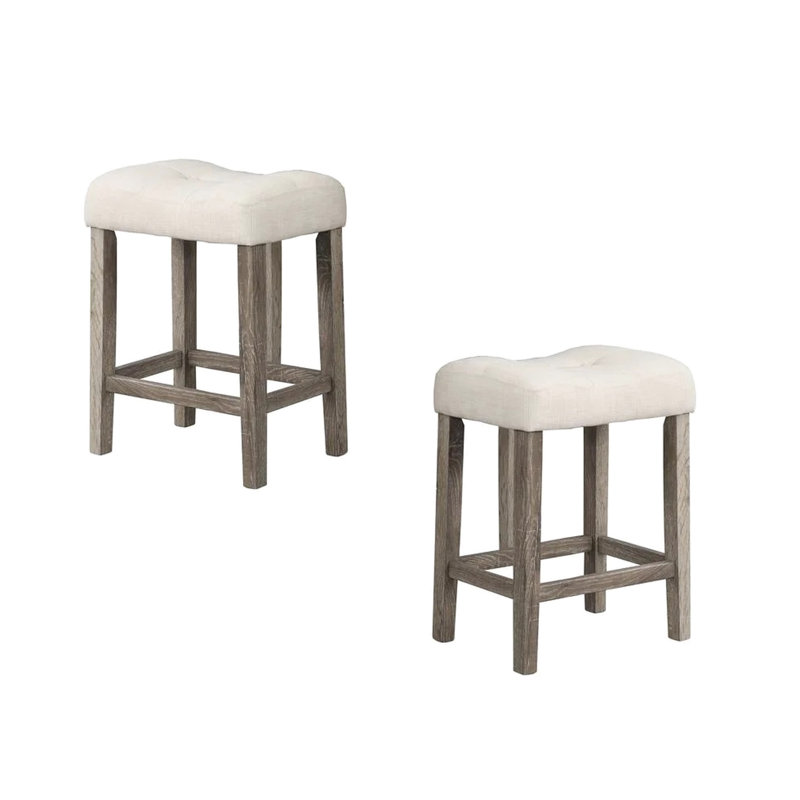 Transitional Counter Height Bar Stool Of 2 With Cushioned Footrest, Seat In Oak Color, Engineered Wood Construction For Sturdiness, Linen - Blend Fabric Crease Seating And Look, Dining Room Use