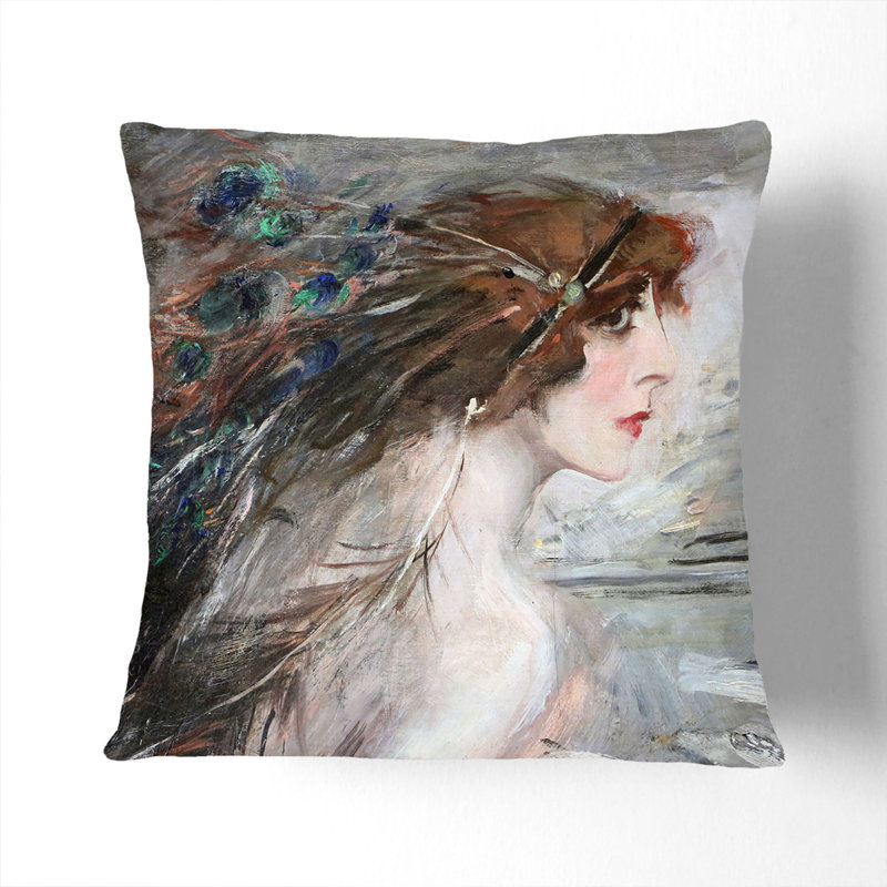 Woman With Peacock Feathers Square Throw Cushion, 55cm H x 55cm W x 20cm D, White