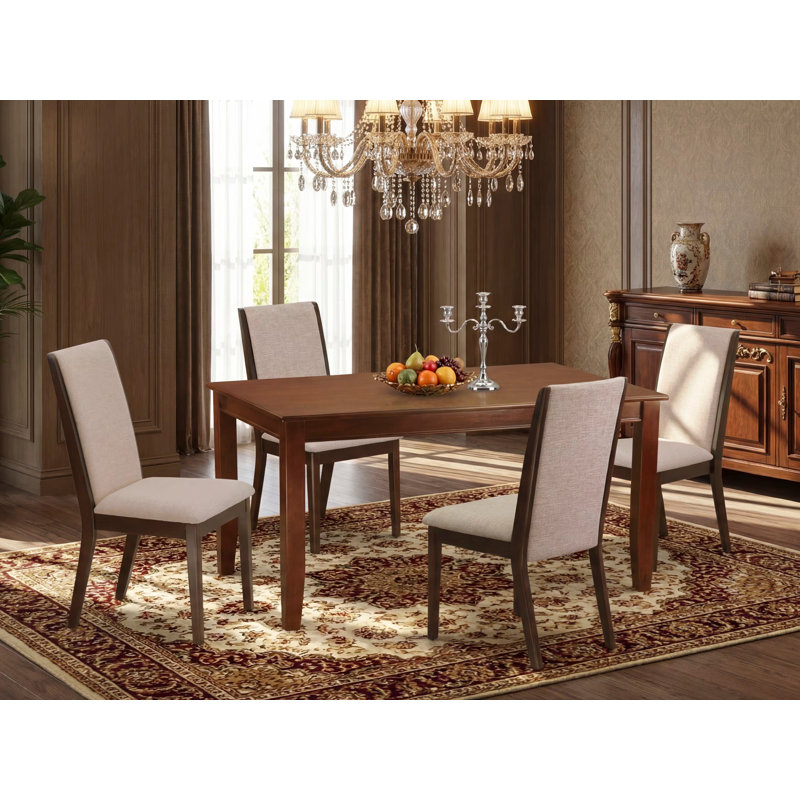 5 Piece Dining Room Furniture Set Includes a Rectangle Dining Table and 4 Light Tan Linen Fabric Upholstered Parson Chairs, Mahogany