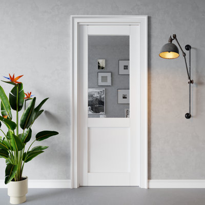 Porte coulissante intérieure semi-vitrée avec miroir, en MDF massif certifié CARB P2, avec cadre renforcé et quincaillerie incluse, idéale pour chambre, préfinie et imperméable, pour garde-manger, chambre, salle de bain, garde-robe et salon. Teinture facile à appliquer soi-même. Dimensions : 61 x 203 cm (24 x 80 pouces).
