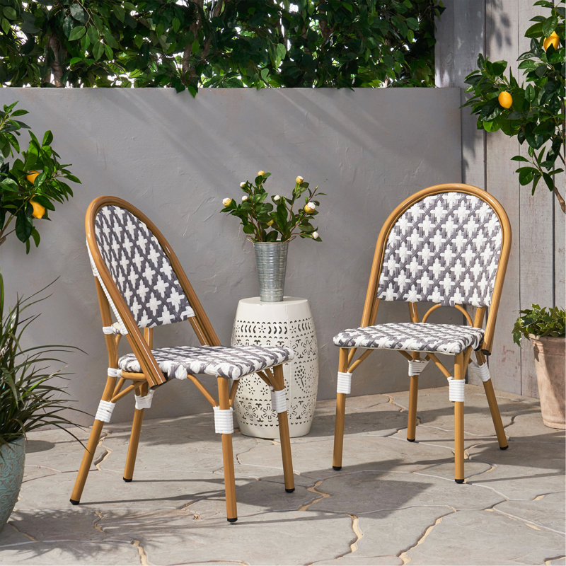 Ensemble de 2 chaises d'extérieur en rotin PE et aluminium, finition gris et blanc, et bambou, Blanc + gris