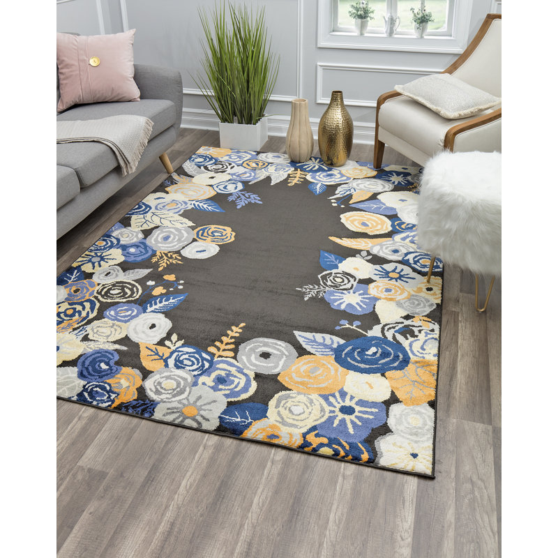 Tapis floral onyx doré Valentina, Rectangle 9 pi x 12 pi