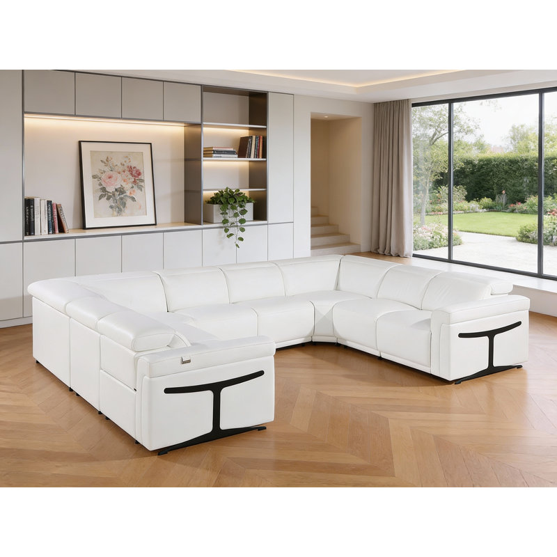 Canapé modulaire en forme de U inclinable électrique en cuir blanc avec huit consoles blanches