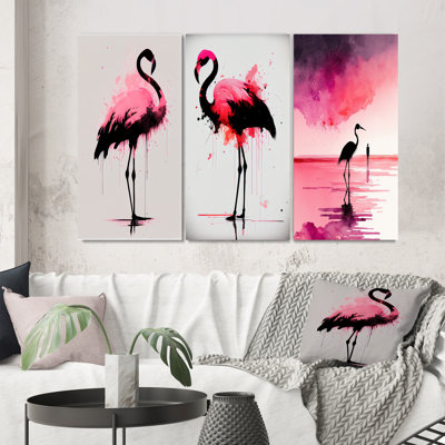 «Silhouette aquarelle de flamant rose et noir», 3 pièces sur toile