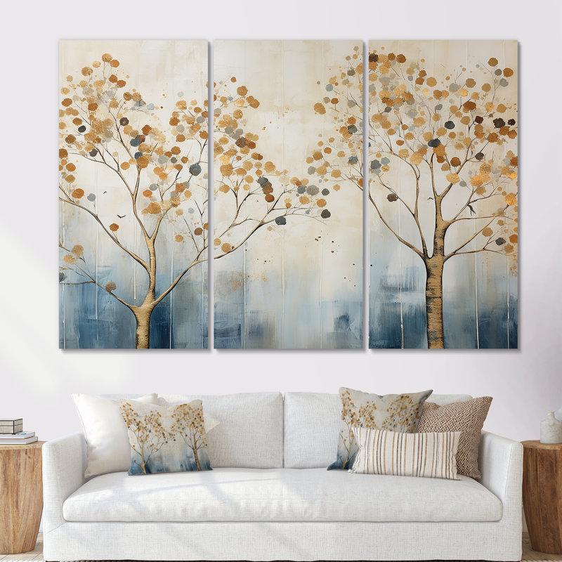 Ensemble de salon art mural arbre doré et bleu Harmony II, Toile tendue, H 28 po x l 36 po x P 1 po