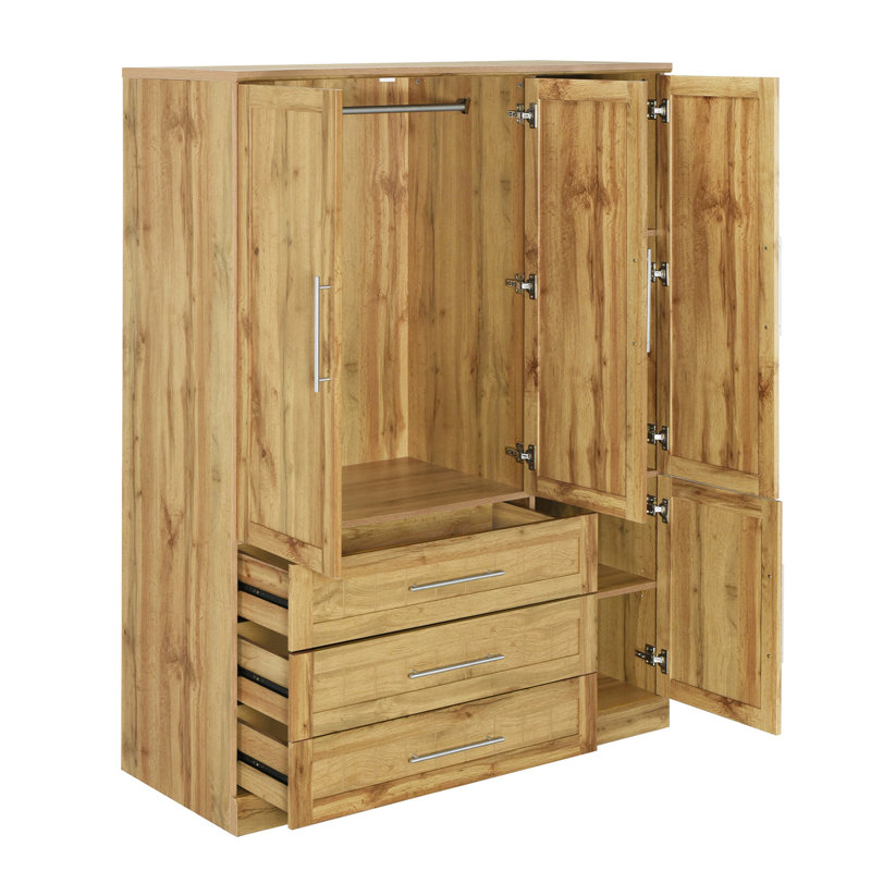 Armoire penderie 4 portes avec 3 tiroirs, Naturel