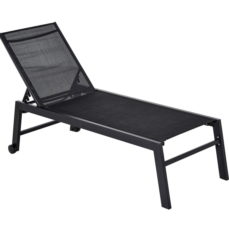 5 Reclining Patio Chair With 2 Wheels And Wind-Through Design - Black Beach, Lawn, Poolside Lounge Beach Chair, , Wheels, For Outdoor Living