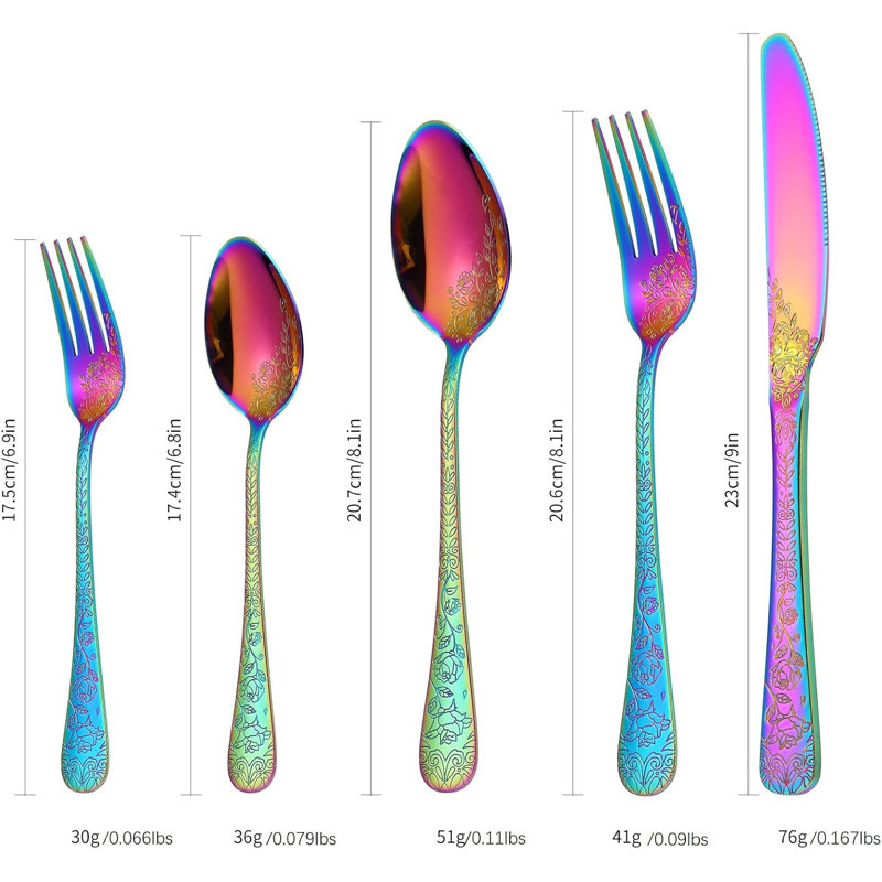 Ensemble de couverts 30 pièces en acier inoxydable doré à motif floral rétro pour un usage quotidien et un repas formel