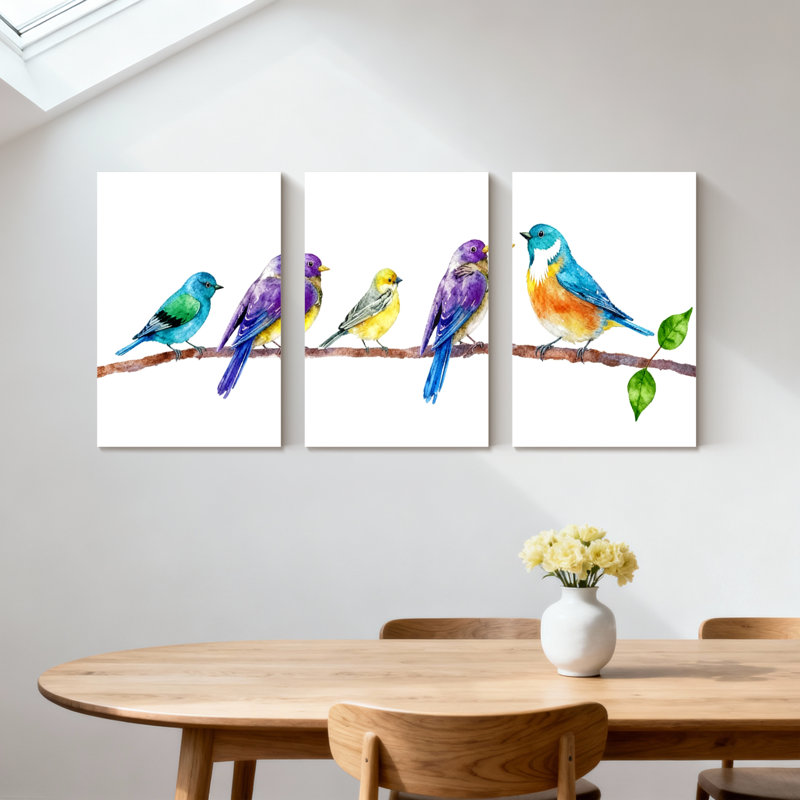 Oiseaux oiseaux colorés perchés sur une branche, ensemble de 3 impressions sur toile, H 24 po x l 48 po