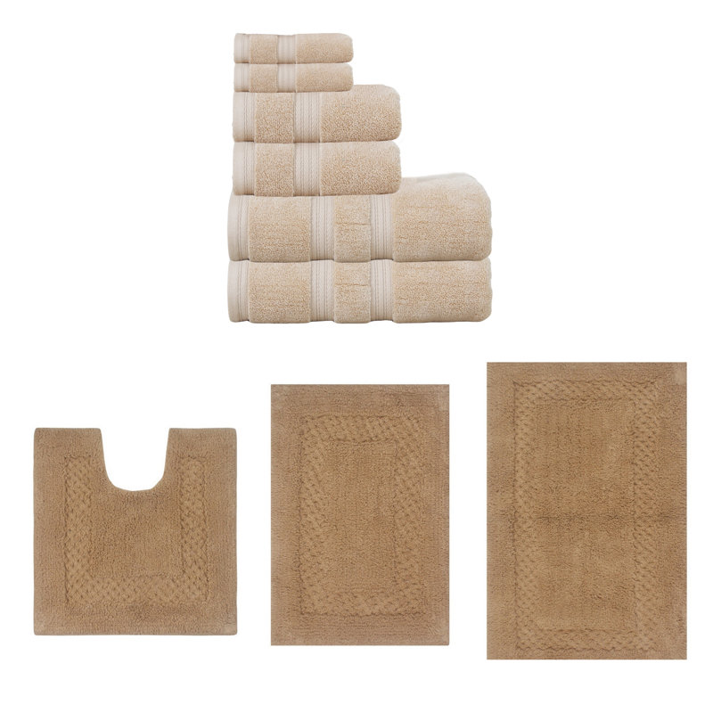 Bublitz Classy Bath Mat 100% Soft Cotton Bath Towel Set & 3 Pc Bath Rug Combo, Linen, 9 Piece Towel Set