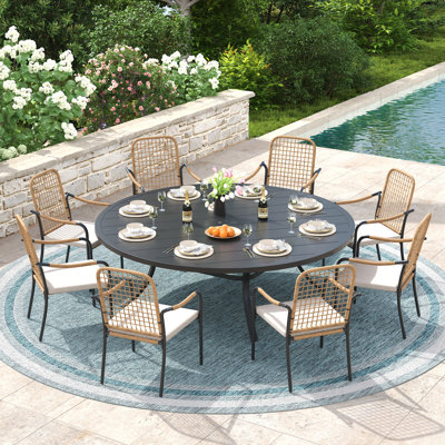 8-Person Patio Dining Set with 60" Round Dining Table and 8 Cushioned Rattan Stackable Chairs