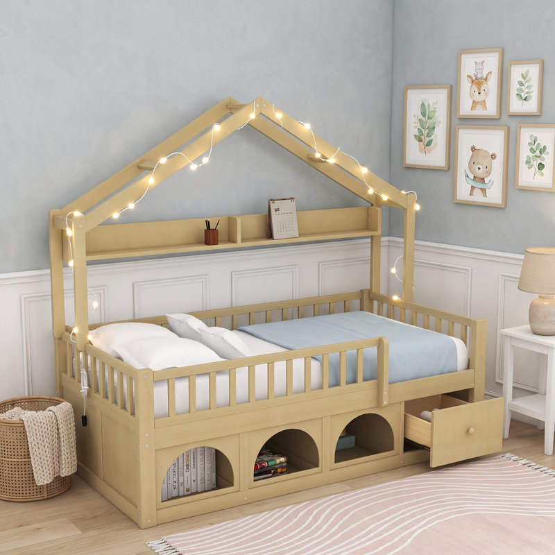Lit plateforme simple en bois avec tiroirs et tablettes, Lit simple, Naturel