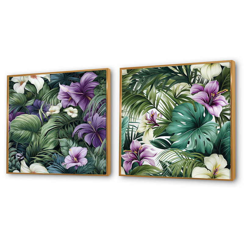 Kaytlyn - Ensemble de 2 collages carrés tropicaux, Cadre flottant doré, H 30 po x l 61 po
