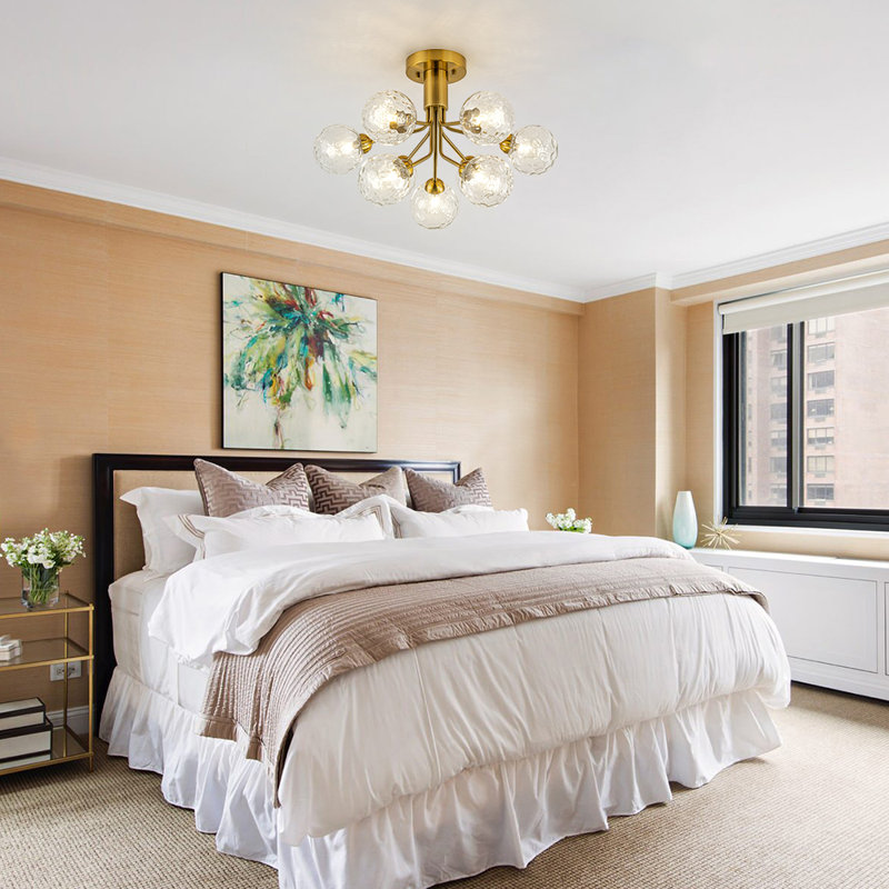 9-Light Textured Glass Tiered Semi-Flush Mount, Gold
