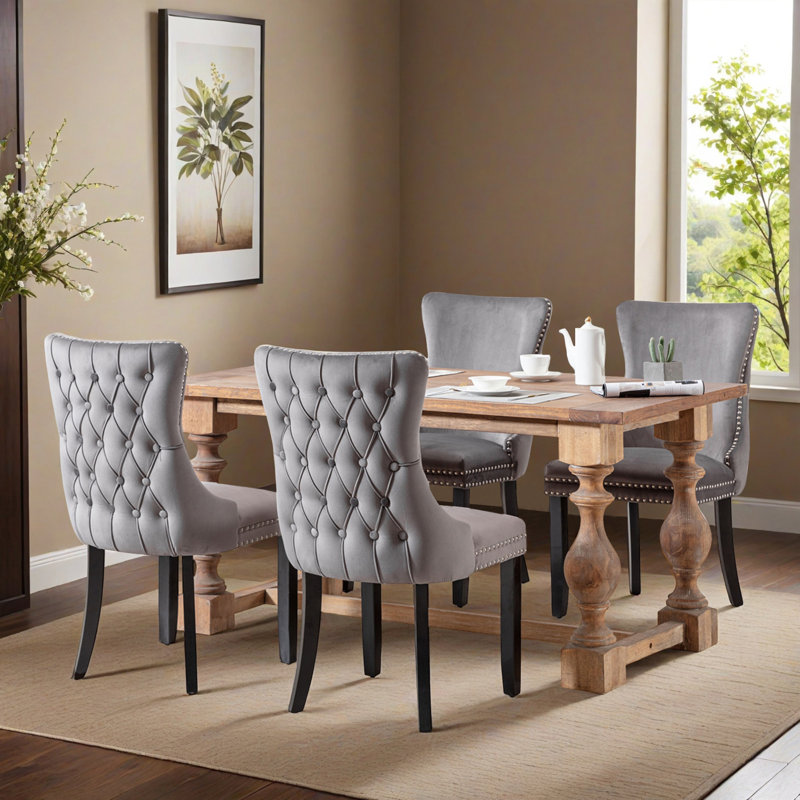 Upholstered Tufted Wing-Back Dining Chair with Backstitching Nailhead Trim and Solid Wood Legs, Set of 4, Gray, Black