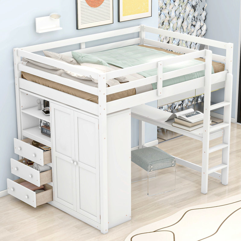 Lit mezzanine double en bois avec garde-robe intégrée, bureau, tablettes de rangement et tiroirs, Blanc