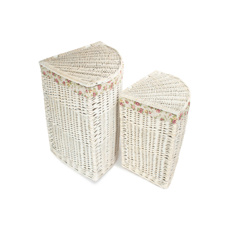 Wicker 2 Piece Corner Laundry Bin Set with Garden Rose Lining, White Wash