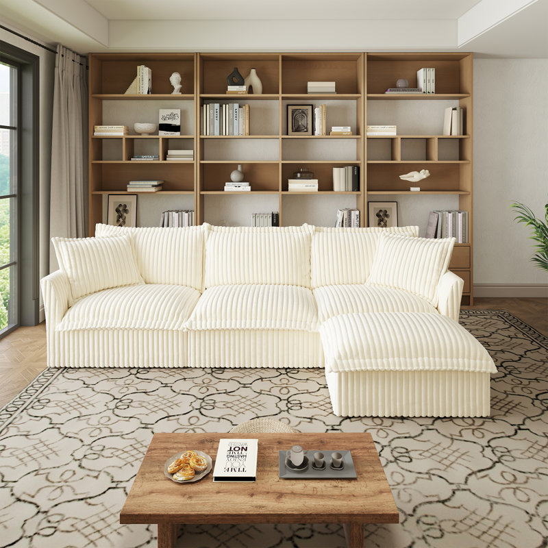 L-Shaped Slipcovered Sectional Sofa Couch, Comfy Deep Seat Cloud Couch With Convertible Ottoman & Big Pillows, Modern Oversized Slipcovered Sofa Set For Living Room Office, Corduroy