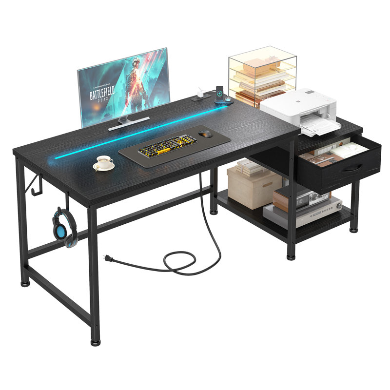 48" Small Computer Desk With Printer Shelf & Storage Shelves,Gaming Desk With LED Lights & Power Outlet,Reversible Corner Desk With Headphone Hook For Home Office