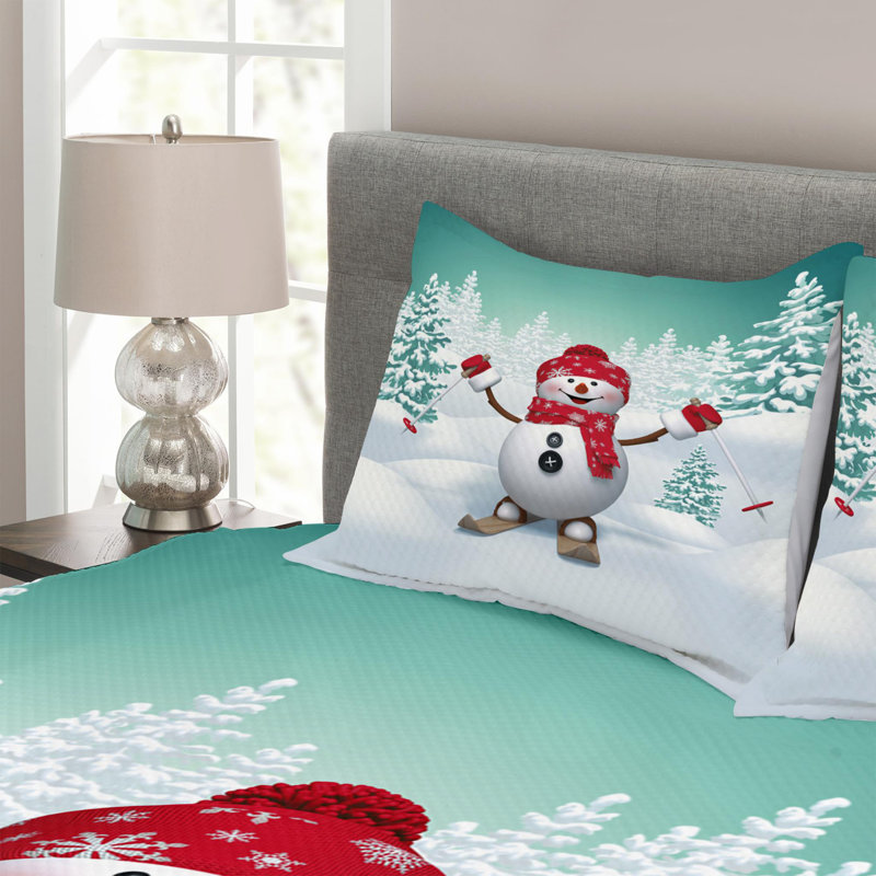 Queen Size White Quilted Snowman Bedspread Set