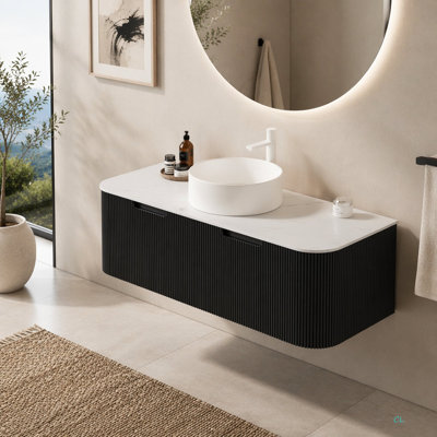 Meuble-lavabo 48 po avec lavabo, meuble de rangement mural à bords arrondis et à bords arrondis avec 2 tiroirs, lavabo rond en céramique, sans robinet, pré-assemblé
