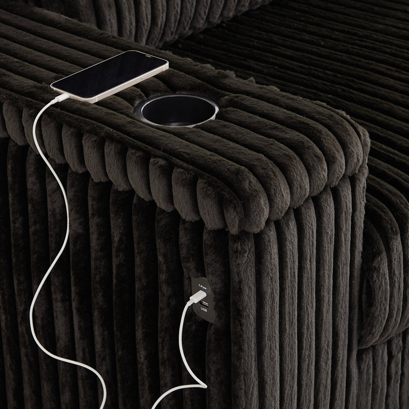 Canapé d'angle moderne en velours côtelé de 110 pouces, canapé d'angle en L avec deux espaces de rangement, port USB en T et porte-gobelet