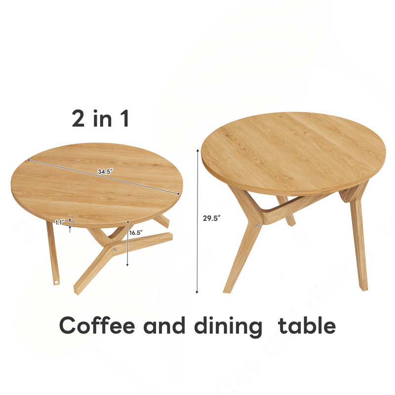 Table basse ronde 2-en-1 avec hauteur réglable, Naturel, H 29,5 po x l 34,5 po x P 34,5 po
