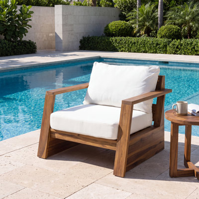 Veda Modern Outdoor Patio Club Chair with Angled Natural Solid Acacia Wood Frame & Plush Cushions