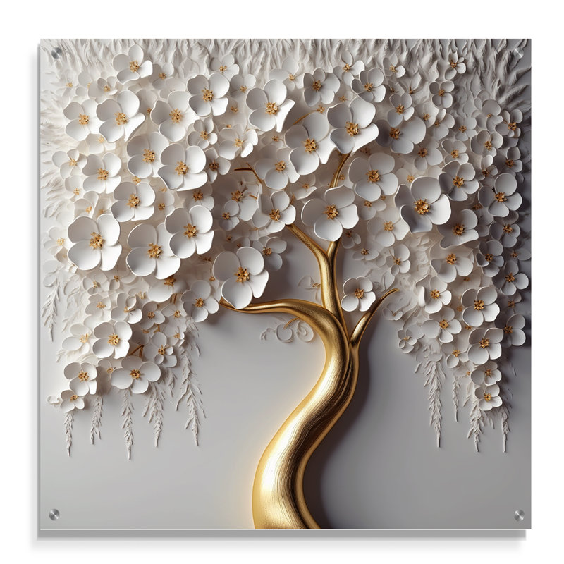 Orchidée blanche, jardin de branches, art mural floral en acrylique pour salon, H 36 po x l 36 po