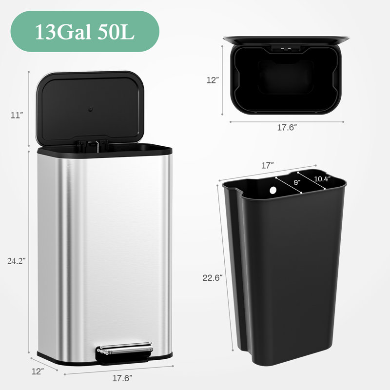 Poubelle de cuisine de 13,2 gallons avec couvercle et pédale à fermeture en douceur, poubelle carrée avec seau intérieur amovible et poignée, poubelle en acier inoxydable, résistante aux empreintes digitales, pour la maison de cuisine (argent)