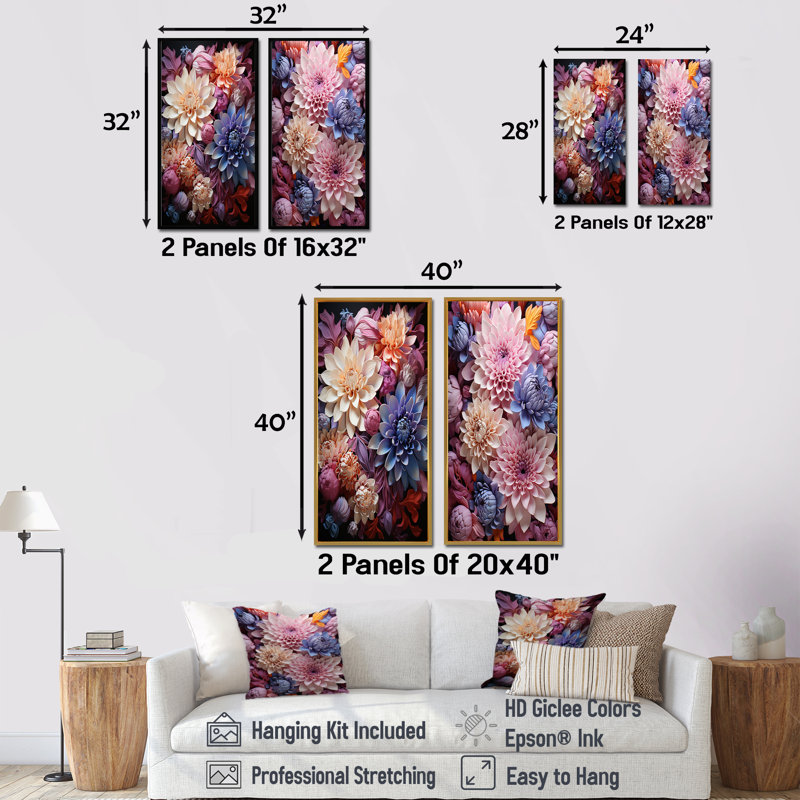 Enchanted Visions Mums Florals - Ensemble de 2 décorations murales de mamans, H 40 po x l 41 po, Encadrement brun