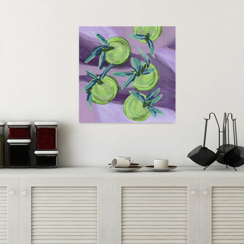 Clémentine chartreuse pastel contemporaine sereine abstraite lavande fruits paysage art mural, H 18 po x l 18 po