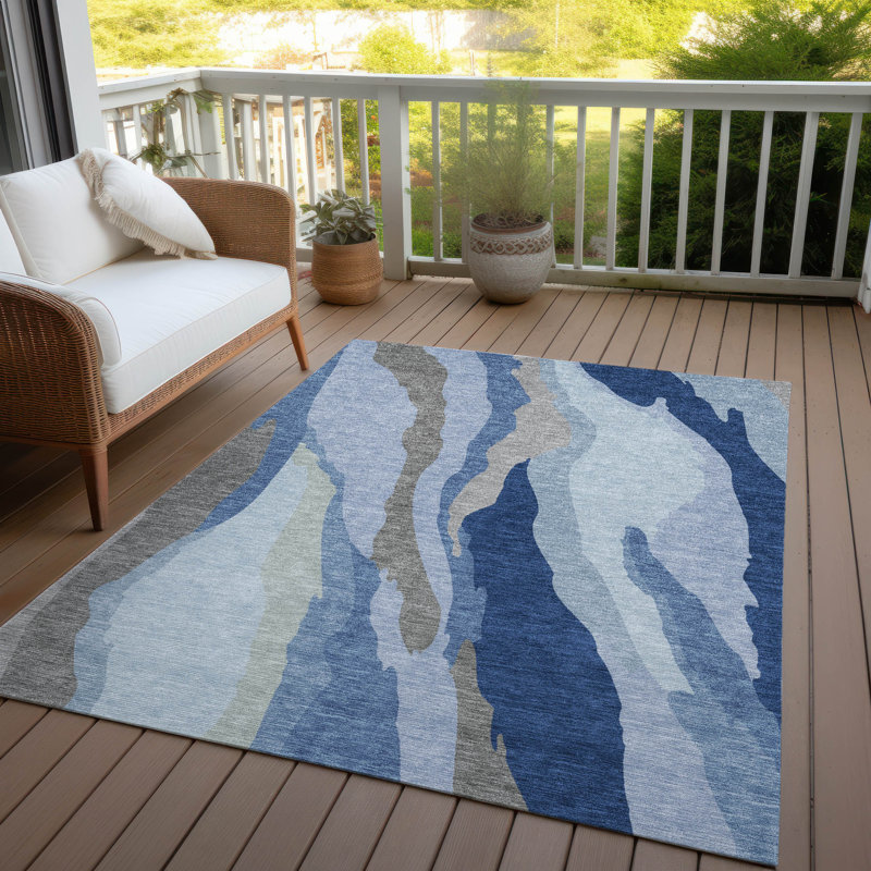 Blue Abstract Wave Pattern Washable Indoor/Outdoor Rug