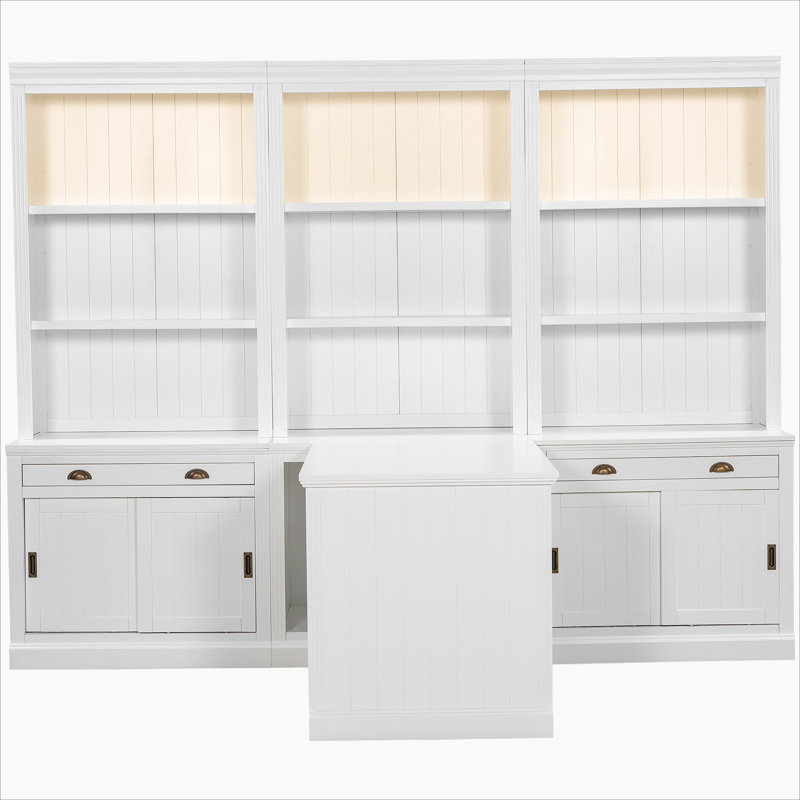 83.4"Tall 2 Bookshelf & 1 Writting Desk Suite,Modern Bookcase Suite with LED Lighting, Drawers,Study Desk and Open Shelves,3-Piece Set Storage Bookshelf for Living Room,Home Office,Study room,White