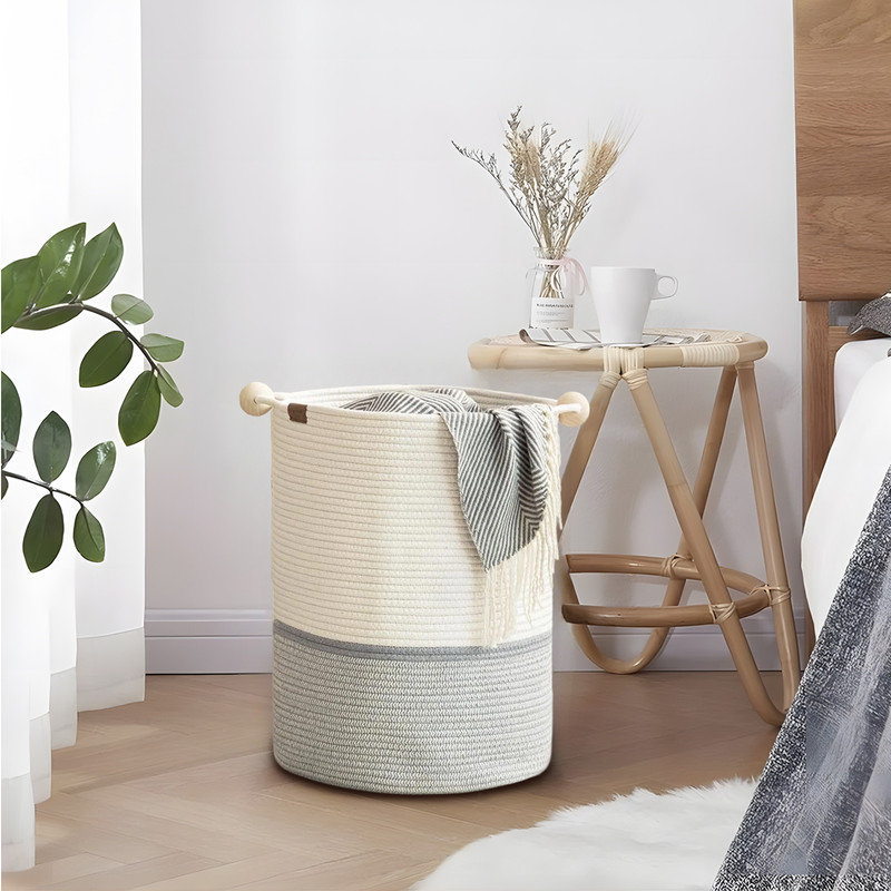 Panier à linge en corde de coton, avec poignées en perles de bois, rangement pour vêtements, couvertures, poupées, etc., portable, plié, 72 L, gris et blanc