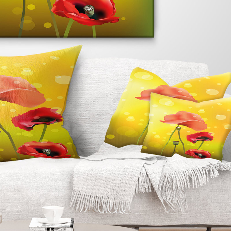 Coussin décoratif à fleurs rouges sur fond jaune, 12 po x 20 po, Rectangle
