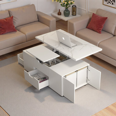 Table basse relevable moderne avec 2 tabourets, rangement caché, tiroirs et table pliante