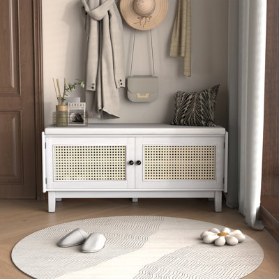 Velluto Bohemian Storage Bench with Rattan Doors and Cushioned Seating
