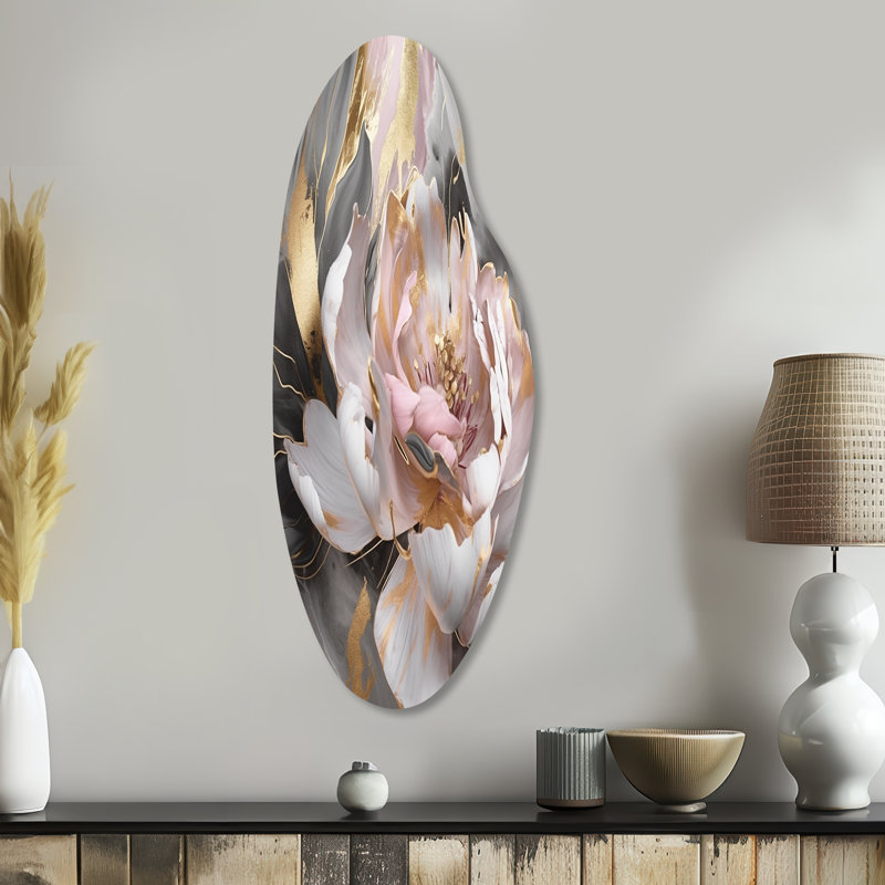 Marble Pink Gold Peony Flower IV - Marble Asymmetrical Metal Wall Art, Pink Curved Metal Art Print, 38" H x 15" W x 1" D